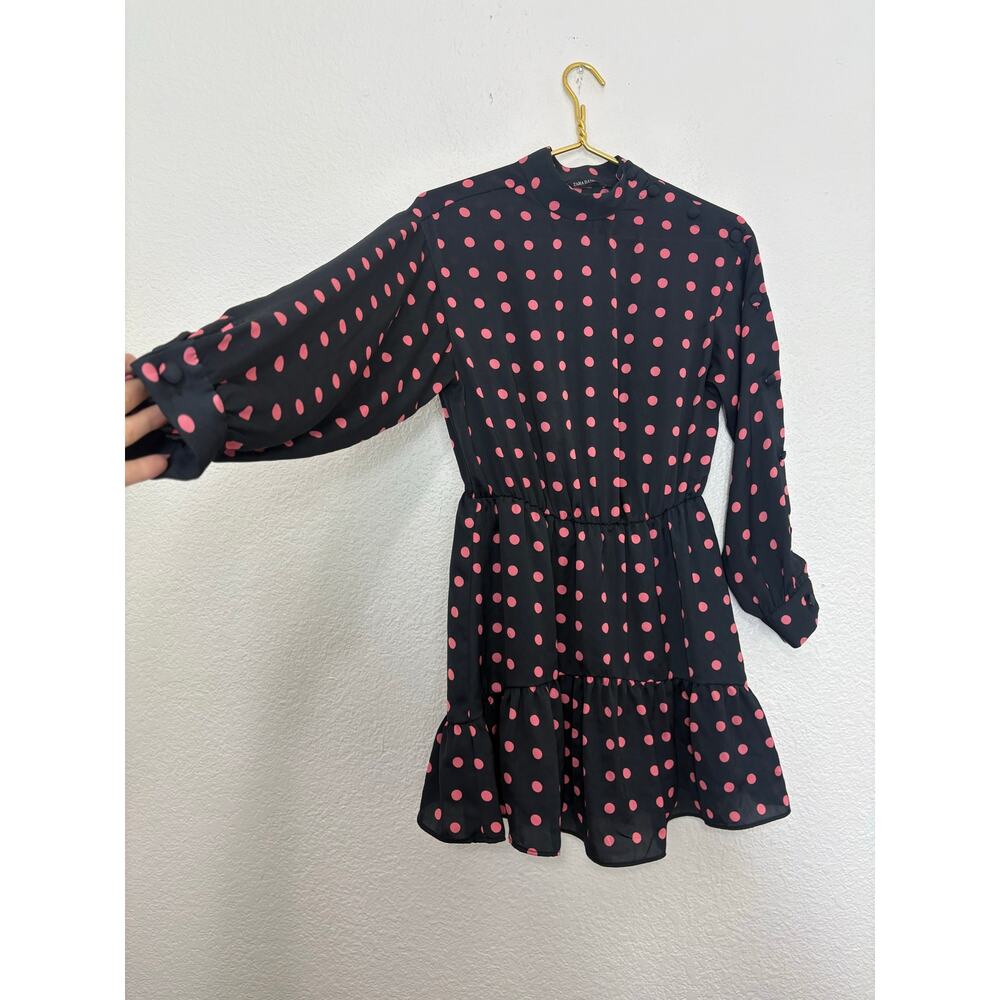 Zara Black Pink Polka Dot Long Sleeve Mini Dress Size XS Asymmetrical Button - Picture 12 of 14